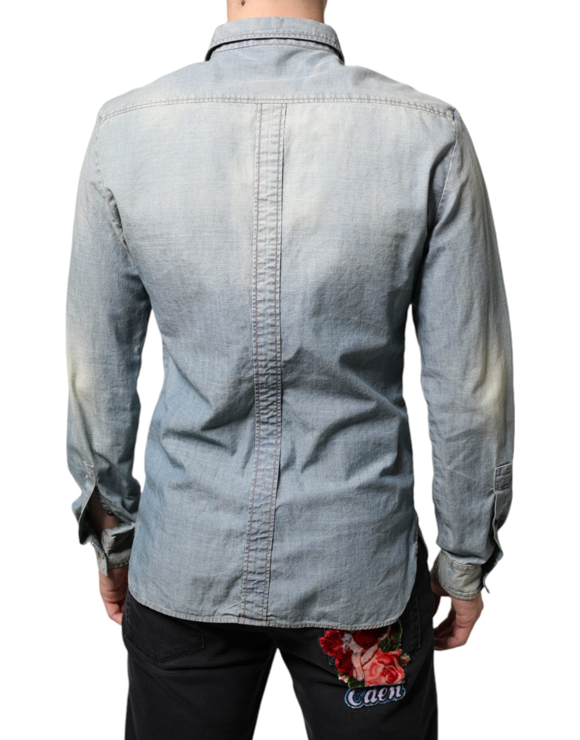 John Galliano light blue printed cotton denim long-sleeved shirt
